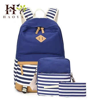 

Canvas Student Backpack Bag 3pcs / Set of Striped College Wind Girls Backpack Computer Bag Large Capacity Travel Backpack