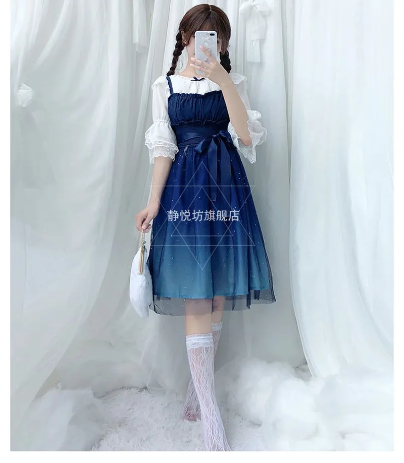 Japanese princess sweet lolita dress vintage cute starry sky bowknot high waist victorian dress kawaii girl gothic lolita jsk