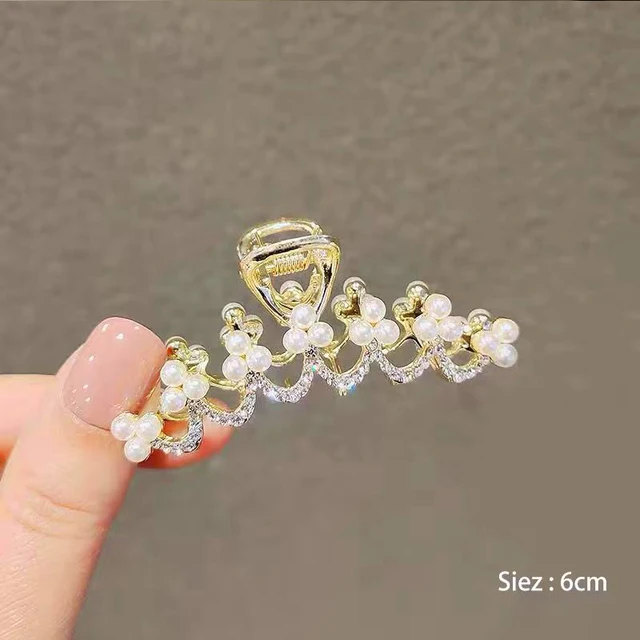 AWAYTR Rhinestone Metal Hair Claw Crab Clip For Women Girls Shiny Barrette Hairpin Crystal Pearl Hair Accessories Jewelry Gift CD1147F 6cm