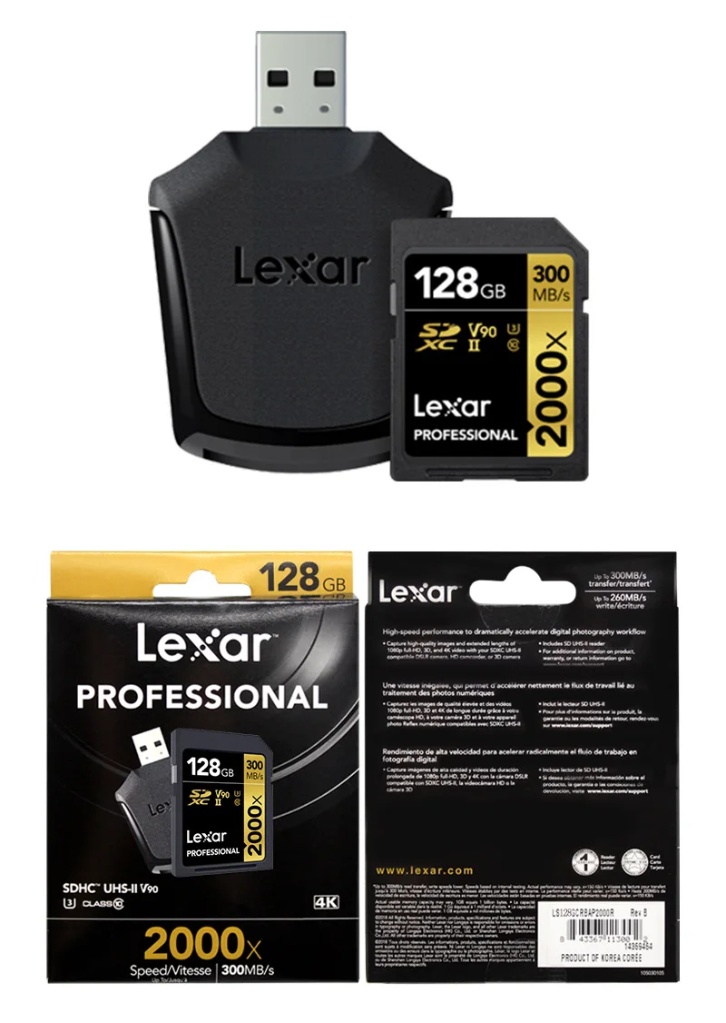 Lexar SD карта 32 Гб 64 Гб 128 ГБ 2000x300 МБ/с SDXC U3 карта памяти флэш-накопитель для камеры