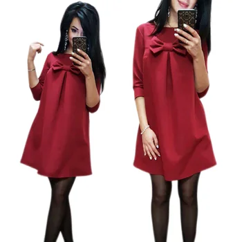 

Women Cute Bowknot Loose Straight Dress Solid Color Half Sleeve Autumn Dresses H9