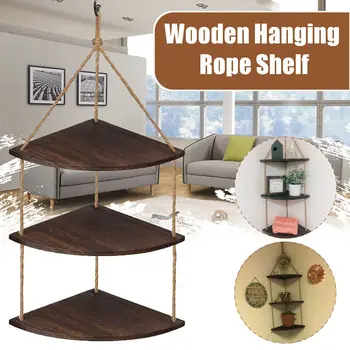 

3 Layers Handmade Rustic Display Rack Swing Wall Storage Shelves Wood Hanging Jute Rope Shelf Plant Rack DIY Home Decor Rack
