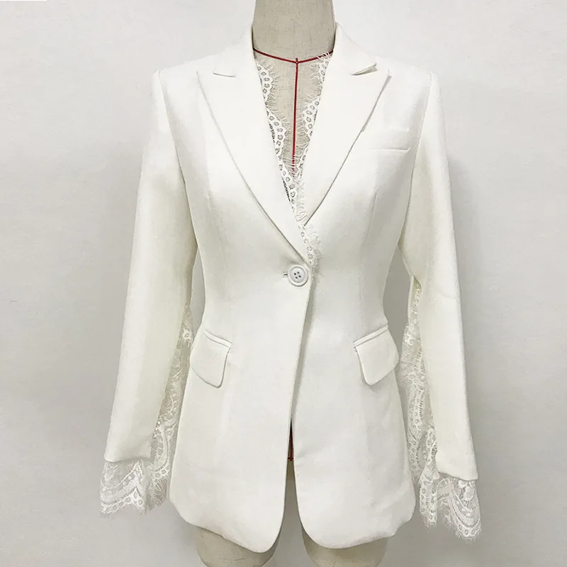Модный Плащ-накидка Блейзер, Женское пальто с кружевной строчкой, разрезом, с длинным рукавом, повседневный костюм, пиджак, элегантный белый черный Женский блейзер - Цвет: white