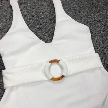 

Plunging One Piece Swimsuit Women Belted Swimwear High Leg Bathing Suit U-back Beach Wear Ring Brazilian Swimsuit Fused 2020