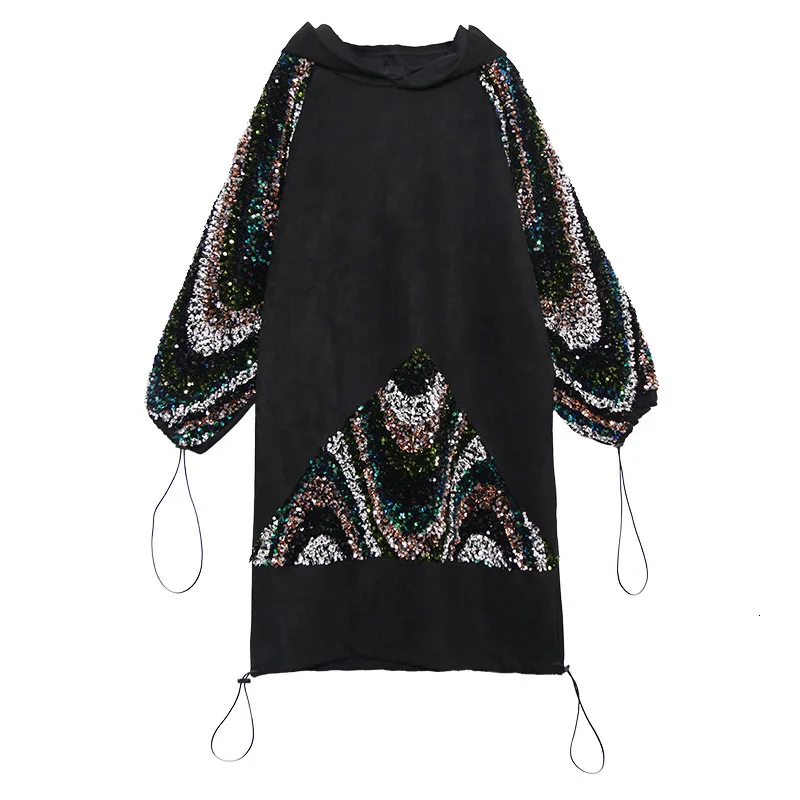 Vefadisa, черный свитер с блестками, платье для женщин, зима, пуловер с капюшоном, платье с длинным рукавом, свитер, платье, свободное, QYF1375