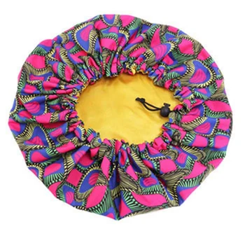 

Red New Extra Large Size African Pattern Satin Bonnet Big Wave Brim Ankara Dashiki Night Sleep Cap Women Flower Turban