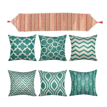 

7 Pcs Accessories: 6 Pcs Green Cushion Cover Decorative Square Throw Pillow Cases & 1 Pcs Linen Christmas Table Runner Decoratio