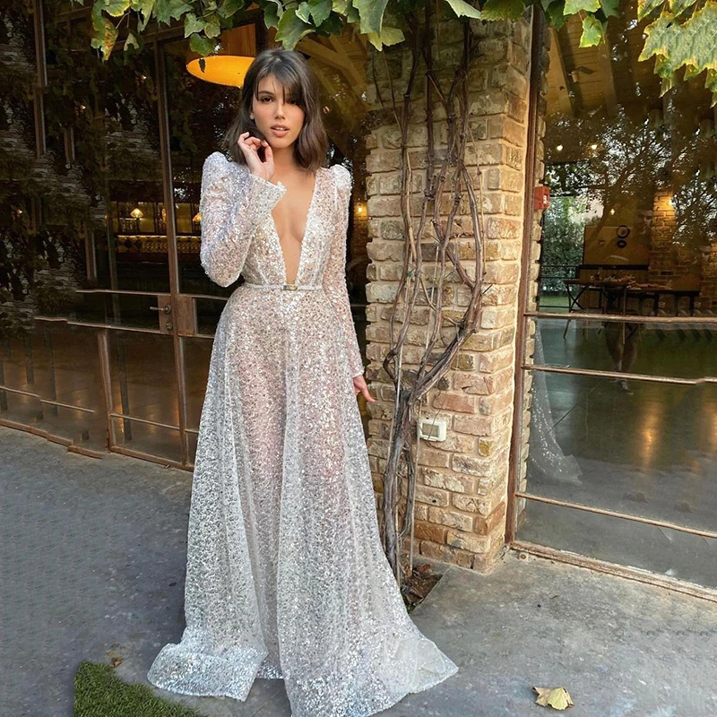 mermaid prom dresses UZN Gorgeous Silver V-Neck Long Sleeves Sequined Prom Dress New Arrival Sexy A-Line Sequins Open Back Evening Dress Plus Size satin prom dress