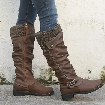 

Boots Western New Winter Solid Boots Round Toe Low Heel Snow Warm Boots Women Stitching Comfy Leather Zipper Knee High Boots