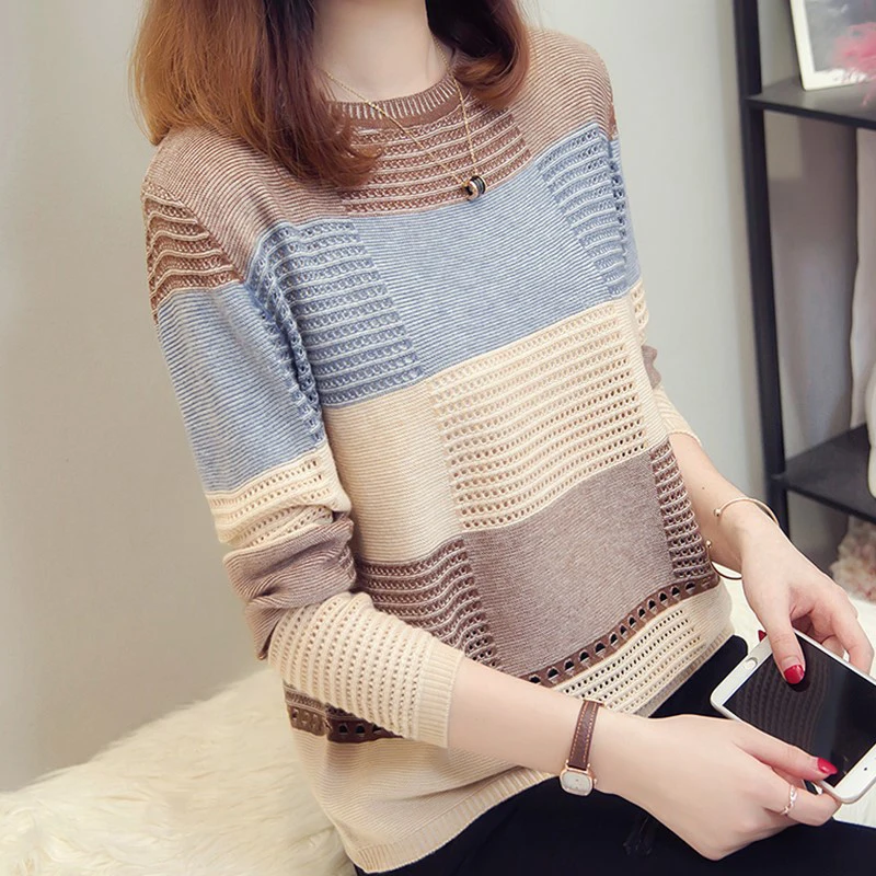 Early Autumn Women Dress Korean Casual Style Mixed Colors Loose Fit Stripe Long Sleeve Base Shirt Sweater Pullove New Style Early Autumn Women Dress Korean Casual Style Mixed Colors Loose Fit Stripe Long Sleeve Base Shirt Sweater Pullove New Style