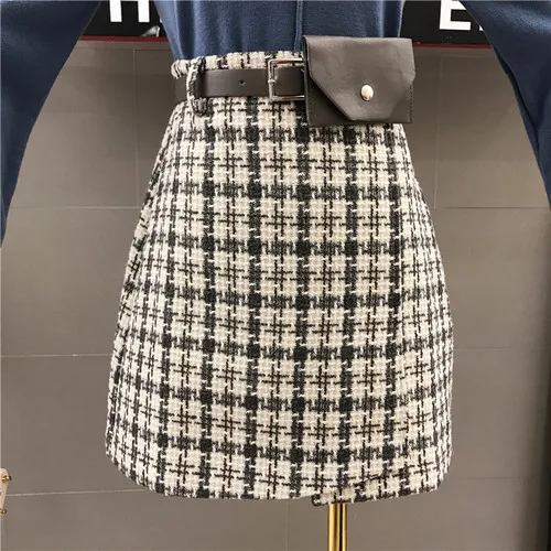 Light Grey Новые твидовые короткие юбки, женские юбки с высокой талией, а-образная посылка, юбка на бедрах с сумкой на талии для девушек, Дамские Тонкие мини-юбки, юбки для студентов - Цвет: Light Grey