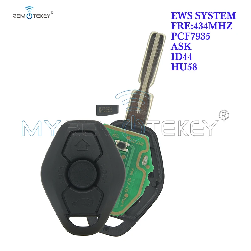 Remtekey Car Remote Key 3 Button HU58 EWS System PCF7935 (ID44) Chip 434mhz For BMW 3 5 7 X5 Z3 1999 2000 2001 2002