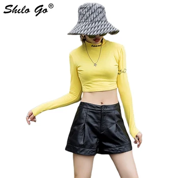 

Genuine Leather Shorts Black Minimalist Pleasted Waist Single Button Hot Shorts Women Autumn Casual High Waist Wide Leg Shorts