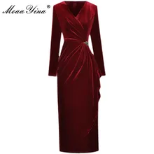 Moaayina Fashion Runway Herfst En Winter Slanke Potlood Jurk Vrouwen V-hals Hoge Taille Bead Lange Mouwen Elegante Rode Fluwelen jurk