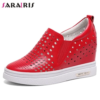 

SARAIRIS Brand Cow Leather Lady Pumps Round Toe Hollow Out Increasing Height Casual Pumps Women Round Toe Shoes Woman