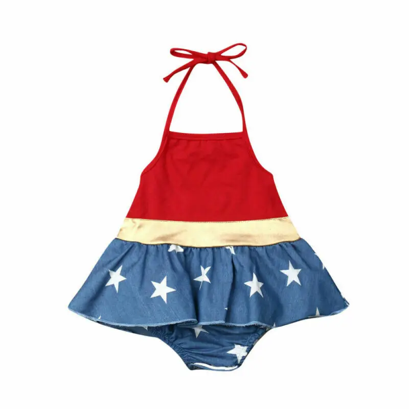 2019 Brand Newborn Kids Baby Girls Bodysuit July 4th Independence Day Jumpsuit Halter Tutu Dress Striped Stars Clothes New |