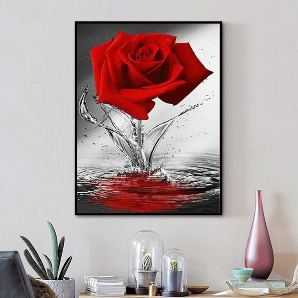 EverShine DIY Diamond Mosaic Flowers Cross Stitch Diamond Embroidery Rose Rhinestones Art Painting Black And Red Home Decor
