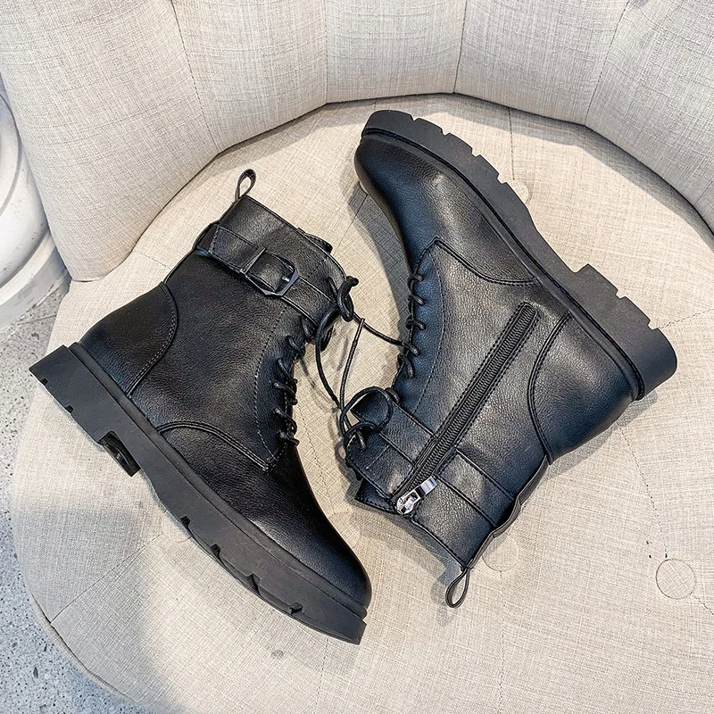 

Plus Size 35-53 Nice New Ankle Rain Boots Women Comfortable Autumn Martin Buckle Shoes Woman Flat Heels Young Girls Black Boot