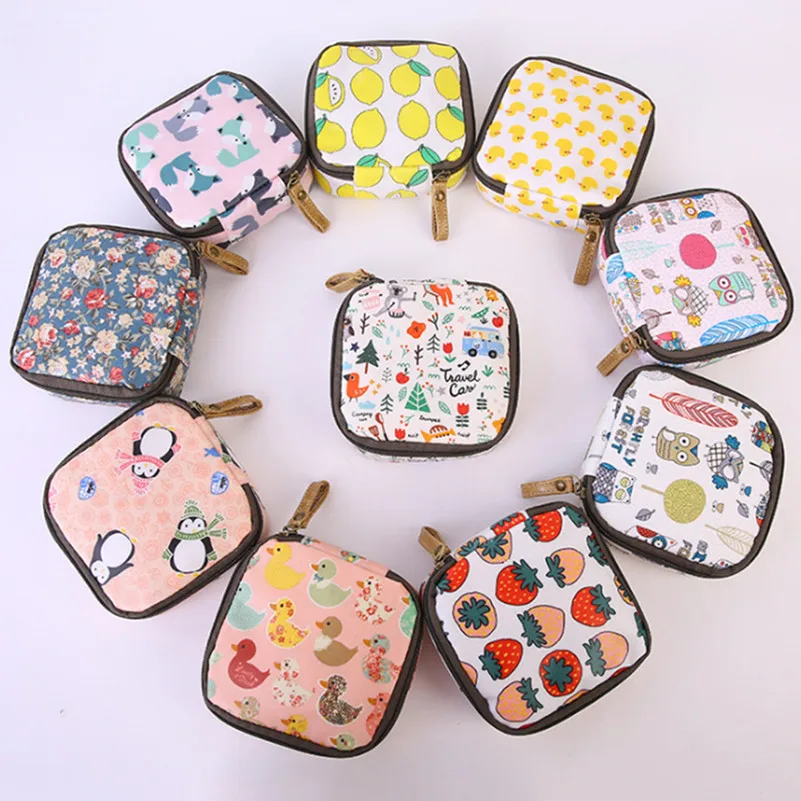 New Arrival Cartoon Printing Canvas Coin Purse Women Fashion Credit Card Bag Key Case Pocket Girls Sanitary Napkin Storage Bag