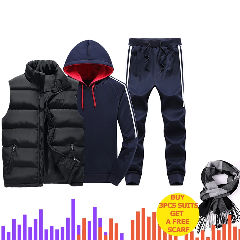 Комплект из 3 предметов с капюшоном, мужские спортивные костюмы, мужской зимний утепленный спортивный костюм, 3 предмета, куртка с меховым капюшоном+ флисовые толстовки+ штаны, мужской костюм - Цвет: Black Blue ZH301