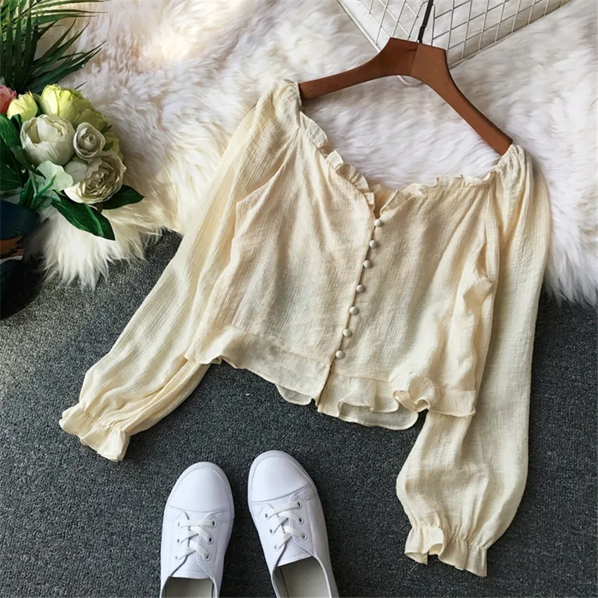 

20 Spring Sexy Women transparent Chiffon Blouse Girl Ultrashort Mesh Shirt Vintage Long Sleeve Blousas Basic Tops Pullovers 1149