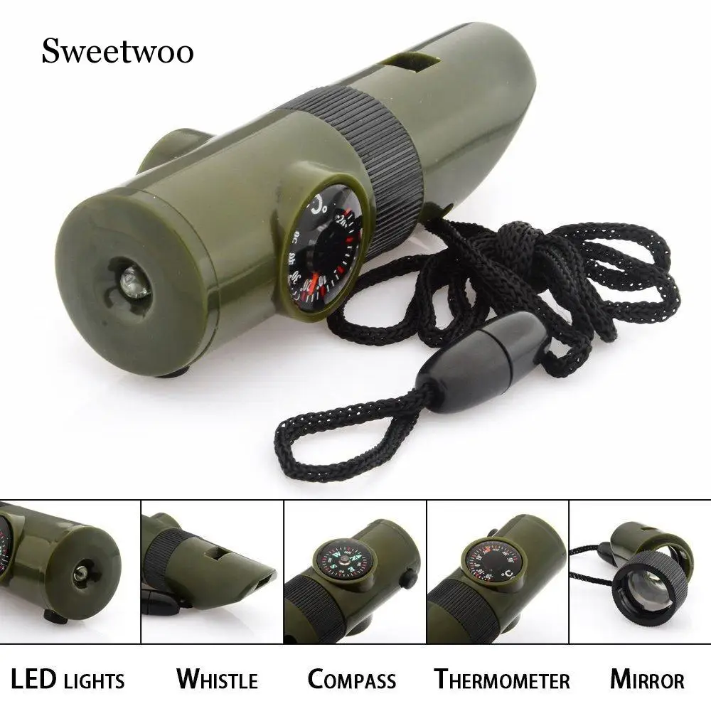 

7 in 1 Mini SOS Survival Kit Camping Survival Whistle With Compass Thermometer Flashlight Magnifier Tools Outdoor Hiking