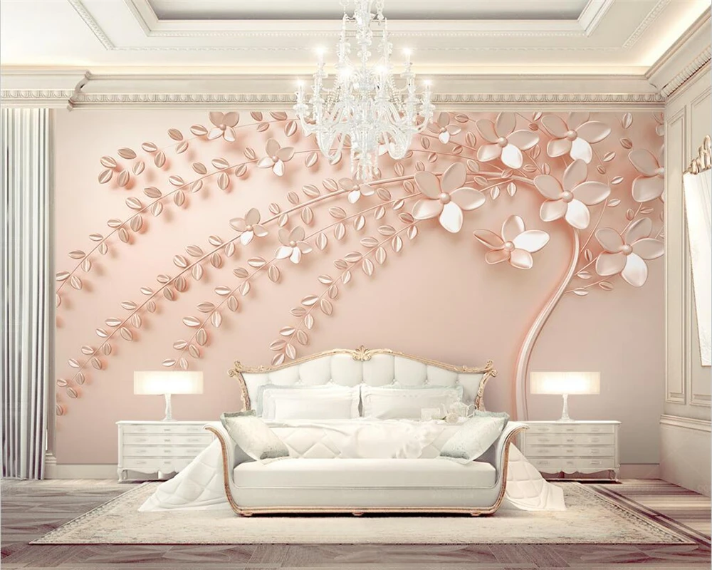 Customized Wallpaper Beautiful White 3d Embossed Flower Branch TV ...