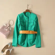 Европейская и американская женская одежда зима стиль длинный рукав карман модный пояс зеленое короткое пальто