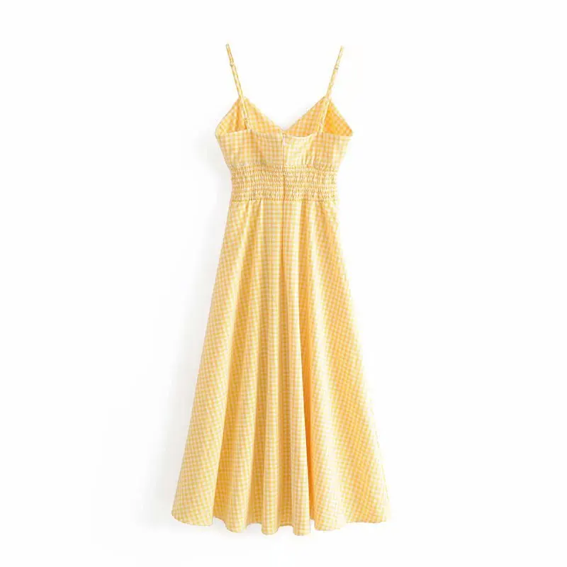 

New European And American-Style Vacation Style 2019 Summer New Style GIRL'S by Age Yellow Grid Strapped Dress Medium-length Dres