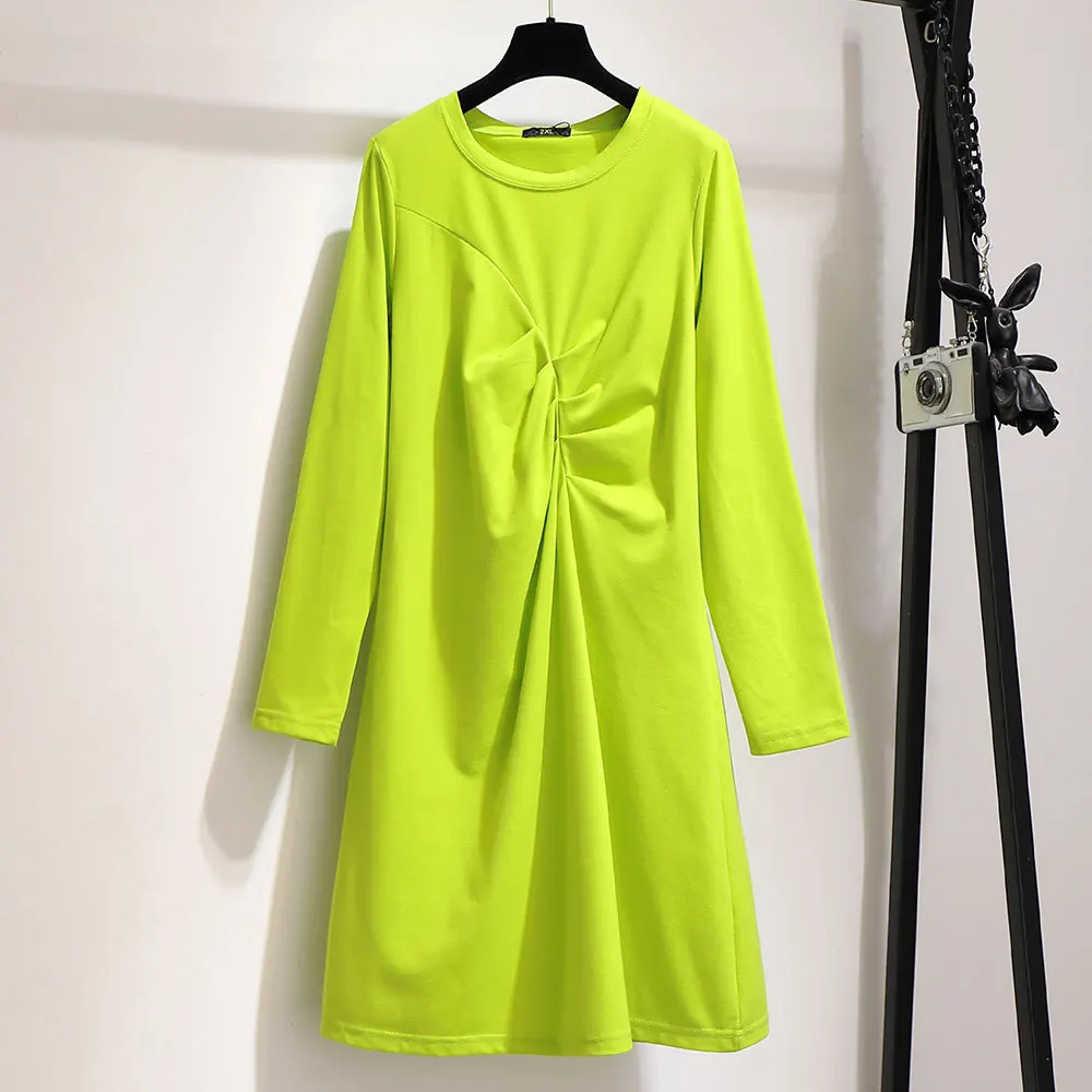Осеннее зимнее платье размера плюс для женщин, большие свободные повседневные плиссированные платья с длинным рукавом и круглым вырезом, Зеленые Серые платья 4XL 5XL 6XL 7XL - Цвет: Зеленый