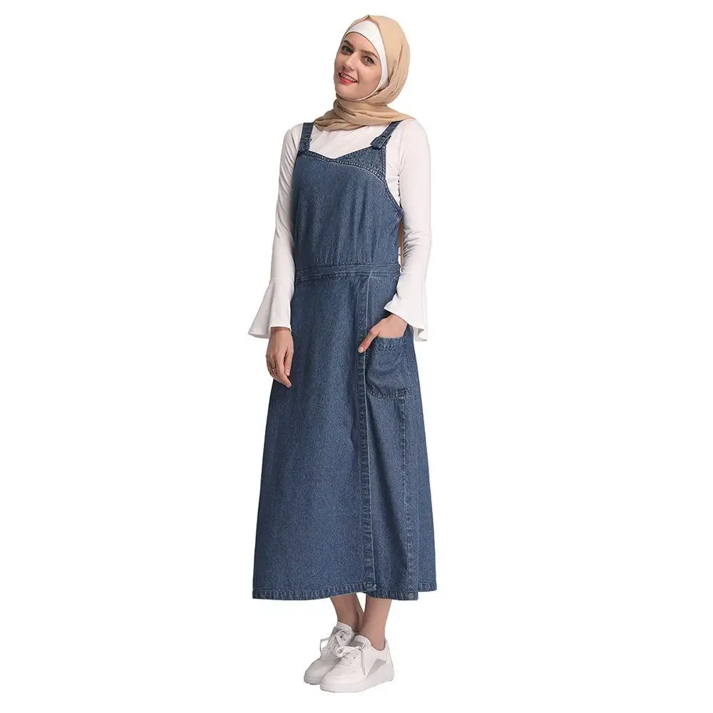 Muslim Women Denim Loose Maxi Pinafore Dungaree Dress Long Jean Strap High  Waist Dresses Islamic Casual Clothing New - Dresses - AliExpress