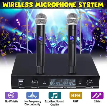 

Professional Dual UHF Wireless Microphone System Receiver 2 Channel 2 Cordless Handheld Mic Kraoke KTV Home Party Speakers Gift