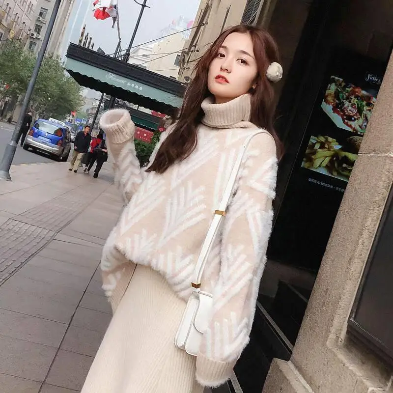 

2019 New Autumn Winter Women Casual Loose Thicken Knitted Pullovers Turtleneck Sweater Female Sweet Bottom Knitwear Jumper 59