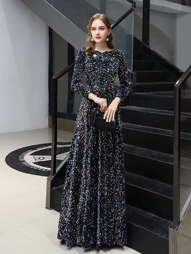 Long Sleeves Prom Dresses 2020 New Elegant A-line Floor-length Sequin Women Formal Gowns Plus Size For Evening Party