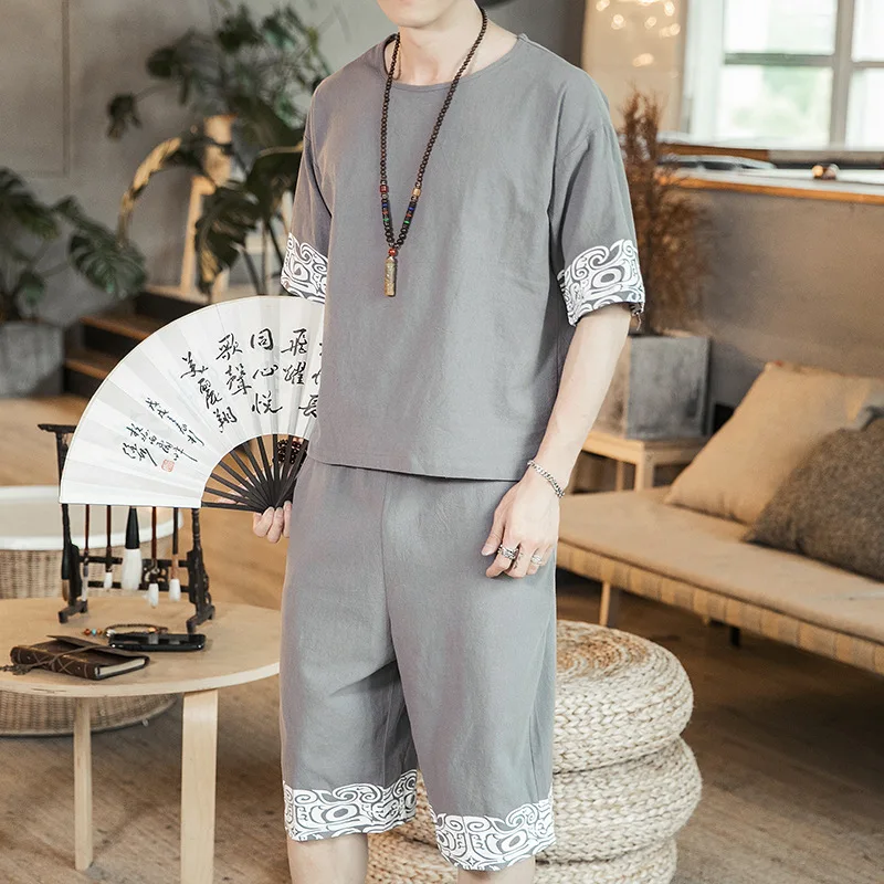 

2019 Summer Chinese-style Men's Flax Set Xiangyun Printed Large Size Loose-Fit Youth Casual Two-Piece Set
