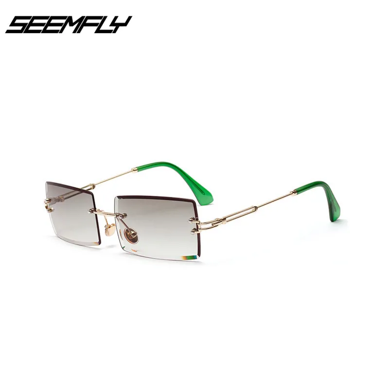 

SEEMFLY Sunglasses Women Retro Small Rectangle Rimless Square Sun Glasses Style Female Green Blue Luxury Brand Vintage Eyewear