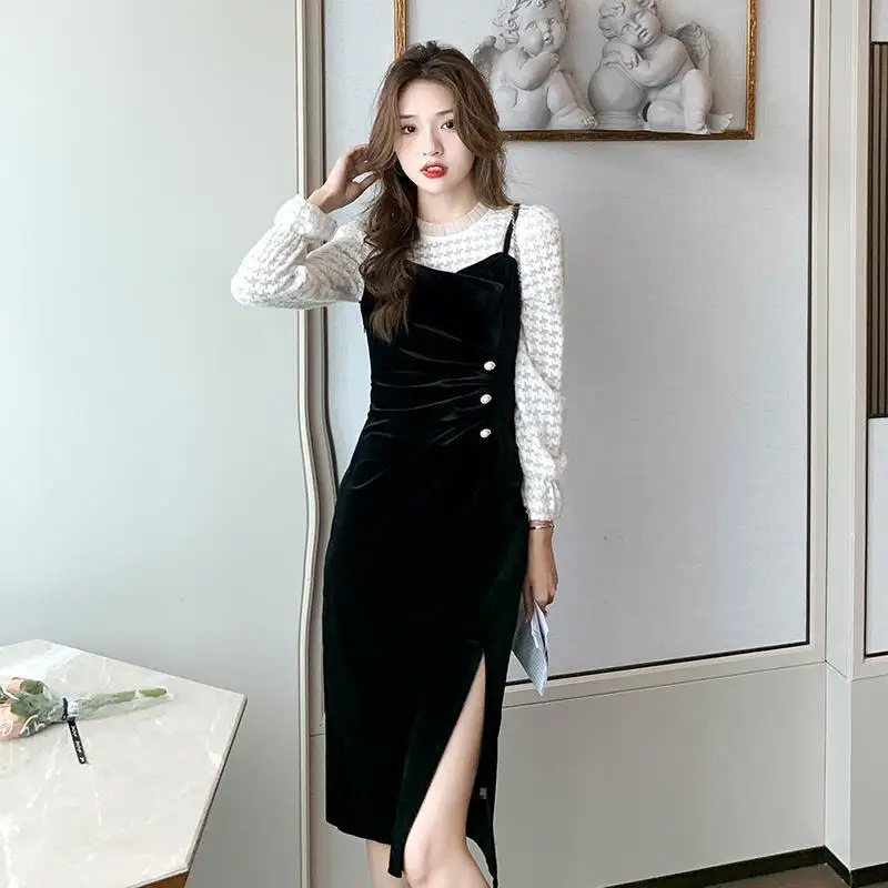 

Women's Autumn Winter Dress Velvet Dress Retro Gentle Commute Casual French Elegant Party Split Fork 2XL Sexy Black Long Dress