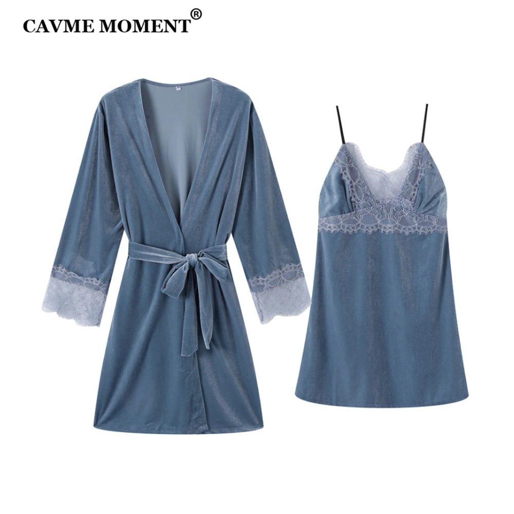 

CAVME Sexy Lace Velour Robes Sets Spaghetti Strap Dress Velvet Sleepwear PLUS SIZE Solid Color 2 Pieces Navy Blue Red