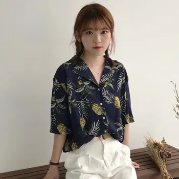 

2019 Summer Korean Style Short Sleeve Blouse Women Fashion Printed Loose Tops Turn-down Collar Shirt Chiffon Causal Tops