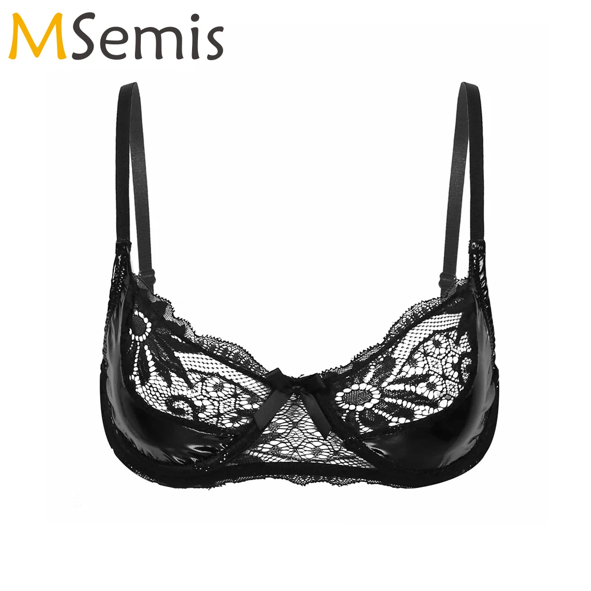 Womens Ladies See-through Floral Lace Wet Look Leather Patchwork Underwire Bra Sexy Lingerie Crop Tops Rave Costumes Clubwear | Женская