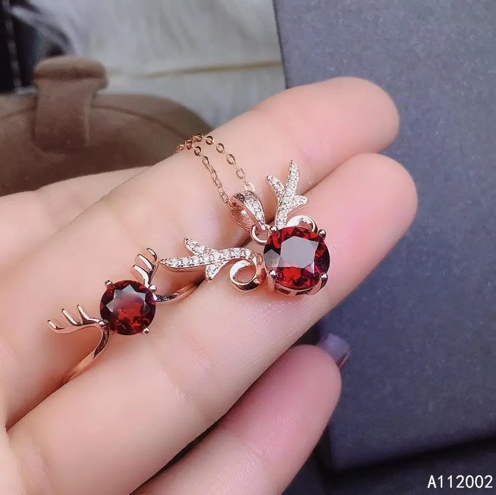 

KJJEAXCMY fine jewelry natural garnet 925 sterling silver women gemstone pendant necklace chain ring set support test elegant