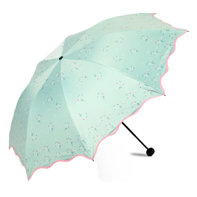 Китайский зонт от солнца 3 складной дождевой женский солнцезащитный наружный дорожный зонт для девочки портативный цветочный легкий зонтик - Цвет: Зеленый
