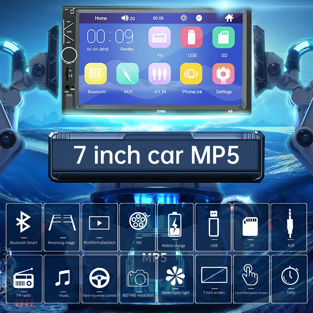 

2 Din Car Radio 7" HD Car MP5 Player Touch Screen Auto Audio Display Bluetooth Stereo Multimedia USB TF FM Camera