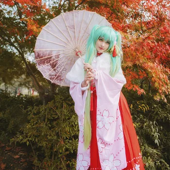

High Quallity Japanese Anime Hatsune Miku Kimono Woman Cosplay Costume Top + Skirt + Belt + Cloak + Accessory