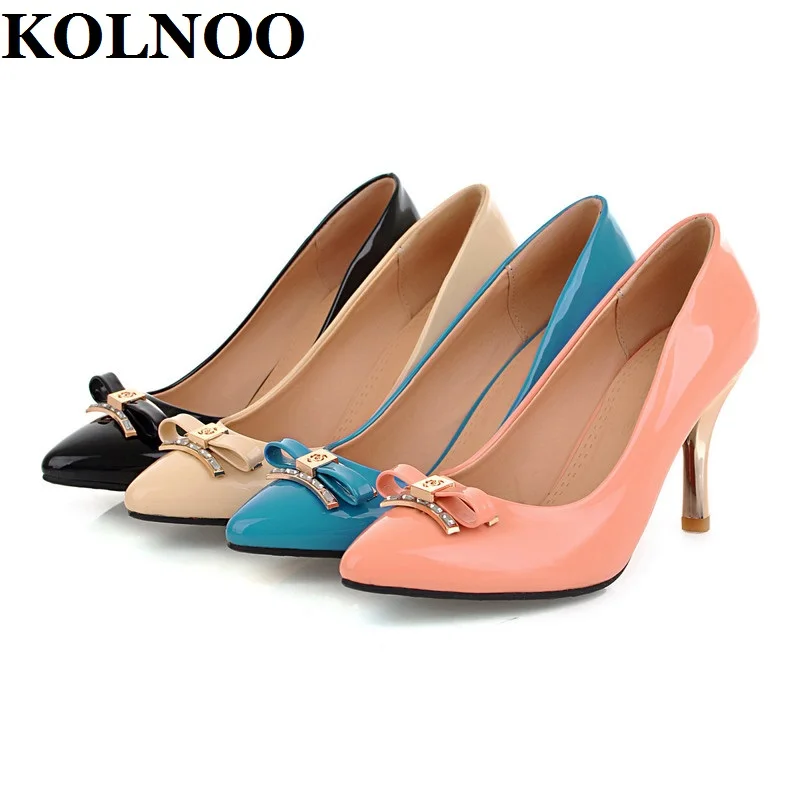 

KOLNOO New Simple Style Handmade Ladies High Heels Pumps Butterfly-Knot Patent Leather Slip-On Office Party Fashion Court Shoes