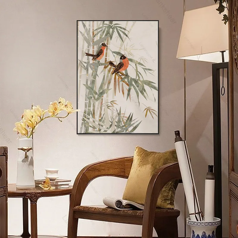 

Chinese Bamboo Birds Landscape Canvas Paintings Minimalist Wall Art Pictures Poster Print for Living Room Home Office Decor