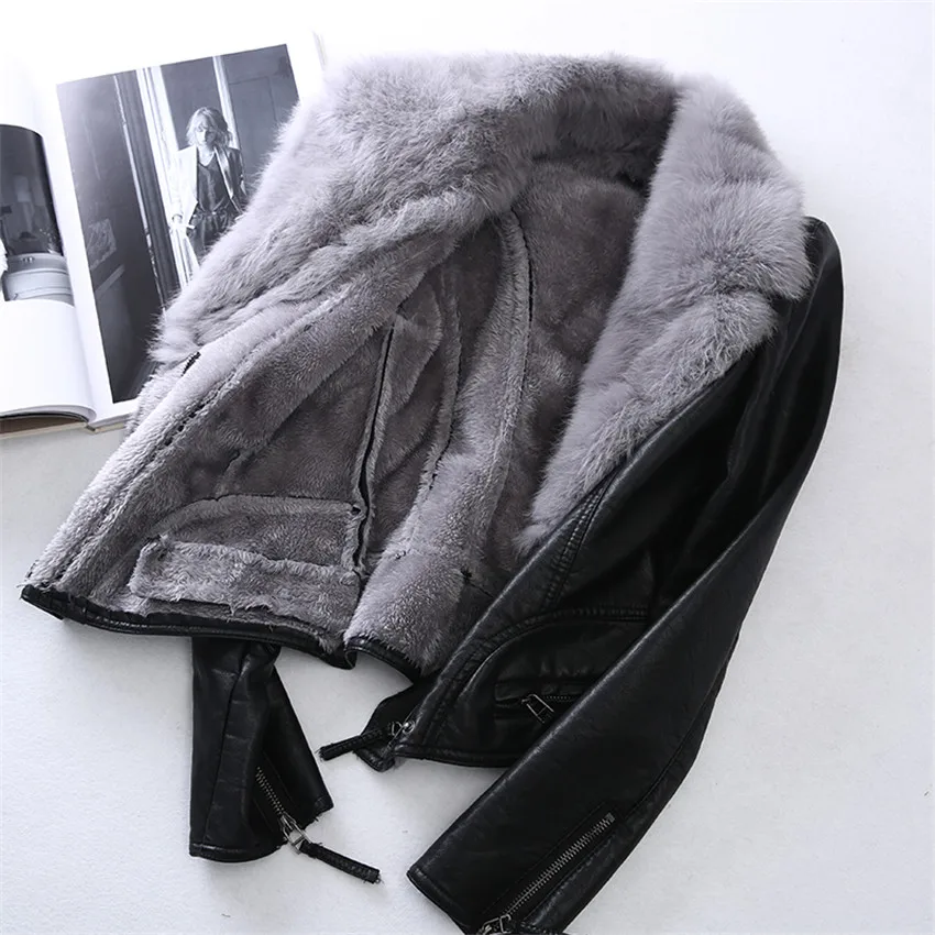 New Winter Women Rex rabbit Fur Collar PU Coat Slim Short Thicken Add Velvet Jacket Female Big Size Faux Soft Leather Coats 1007