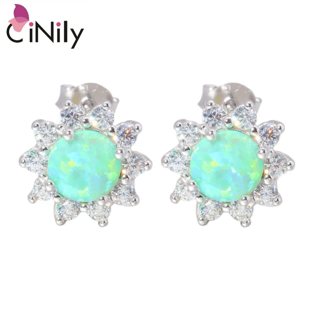 Женские серьги гвоздики CiNily с фианитом и зеленым огненным опалом из