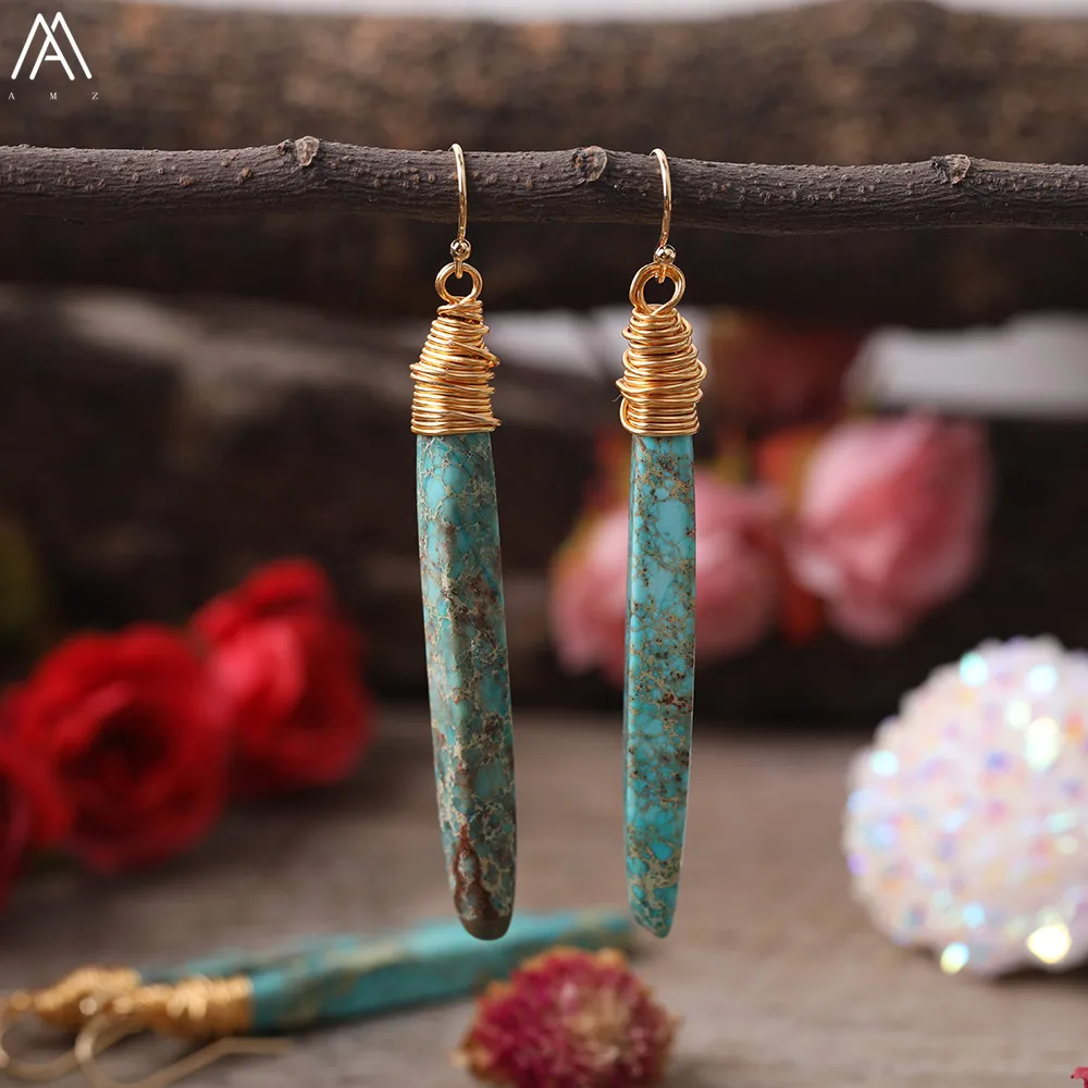 Faceted Slab Point Sea Sediment Jaspers Gold Silvery Hook Earring Unique Women Emperor Stone Point Handmade Earring AMZE01AME