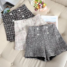 Повседневные женские короткие брюки трапециевидной формы, новинка, Клетчатые Шерстяные шорты с высокой талией, стильные женские свободные зимние теплые короткие брюки